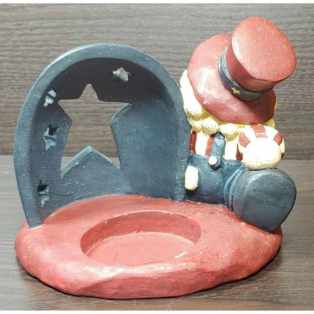 Patriotic Uncle Sam Santa Tealight Candle Holder With Star Cutouts Red Blue VRG